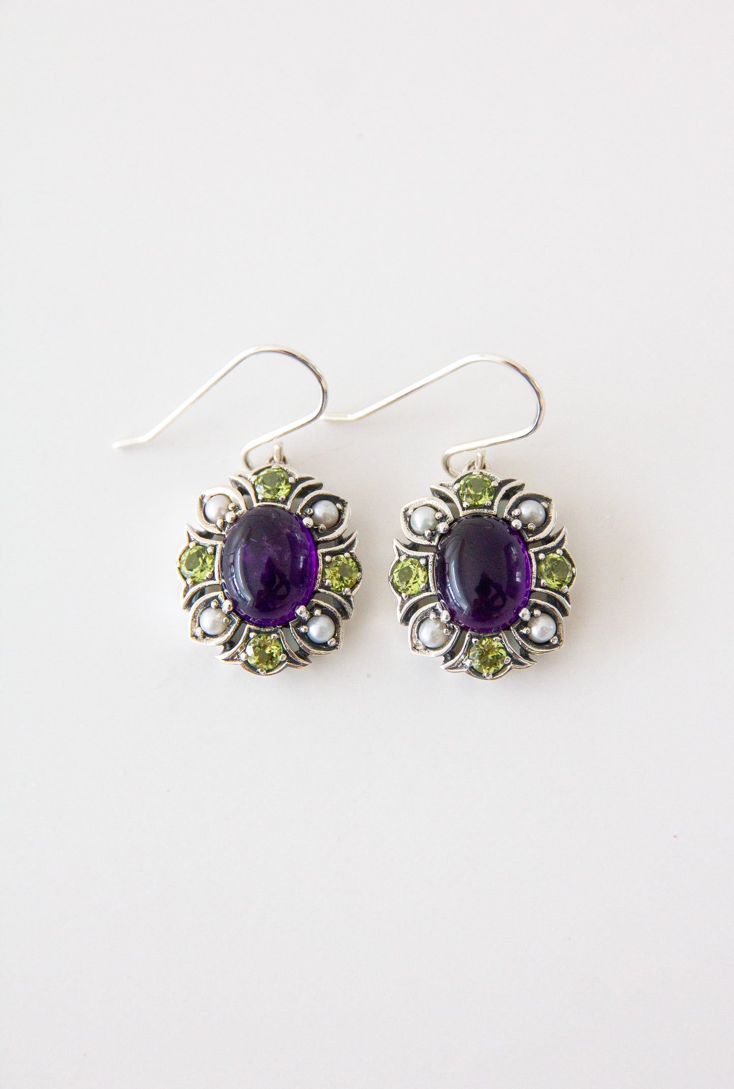 Sterling Silver Suffragette style Earrings with Amethyst Peridot & Seed Pearl
