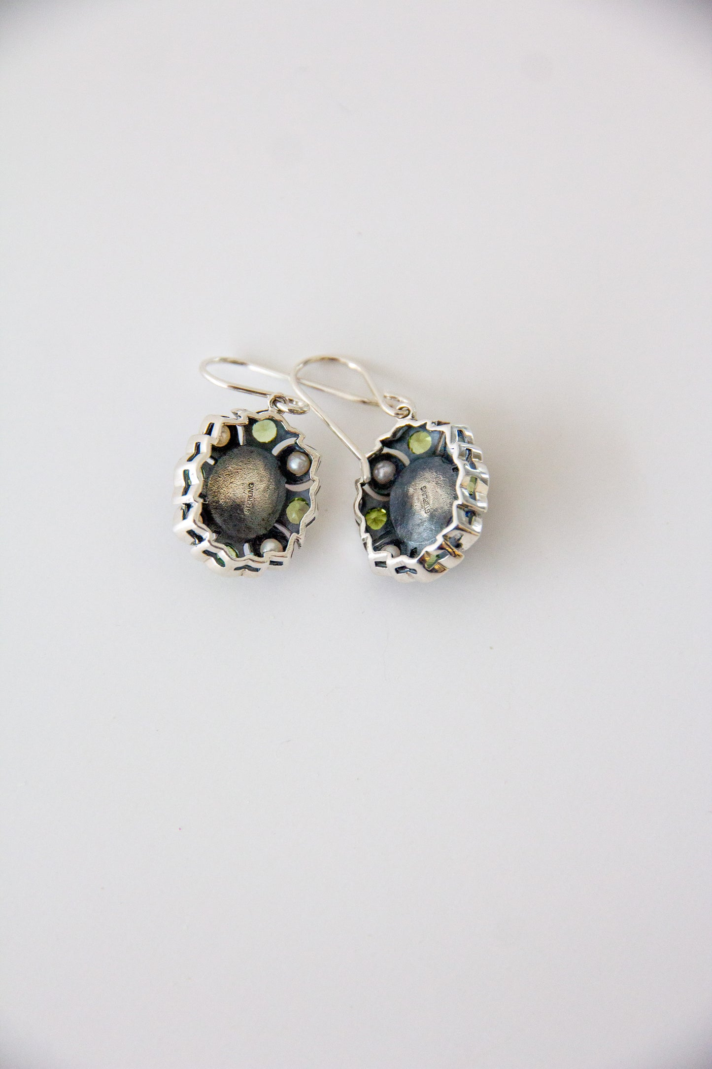 Sterling Silver Suffragette style Earrings with Amethyst Peridot & Seed Pearl