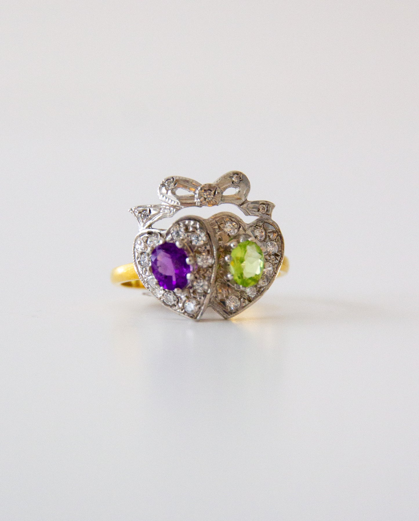 Edwardian Style Amethyst Peridot Double Heart 18ct Gold on Silver Ring