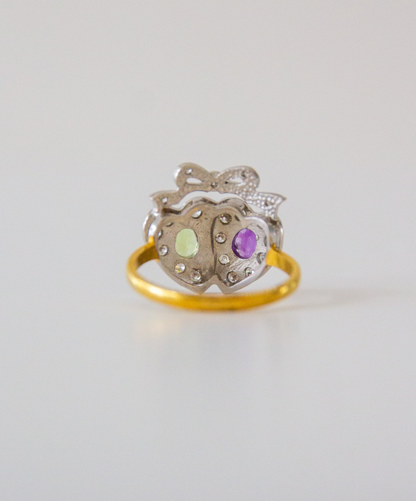 Edwardian Style Amethyst Peridot Double Heart 18ct Gold on Silver Ring