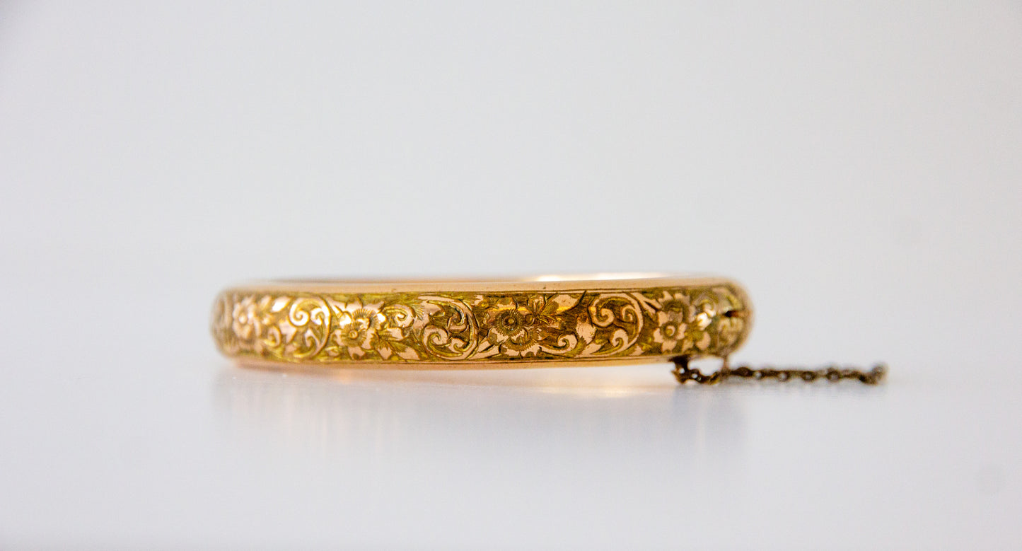 Antique 9ct Rolled Gold Hand Engraved Hinged Bangle