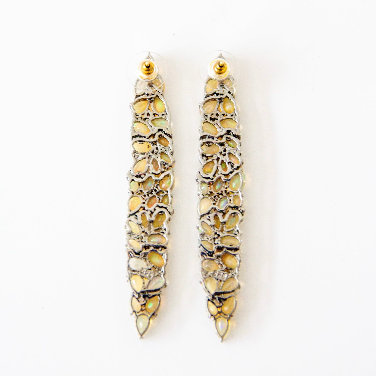 14ct & Silver Ethiopian Opal & Diamond Long Drop Earrings
