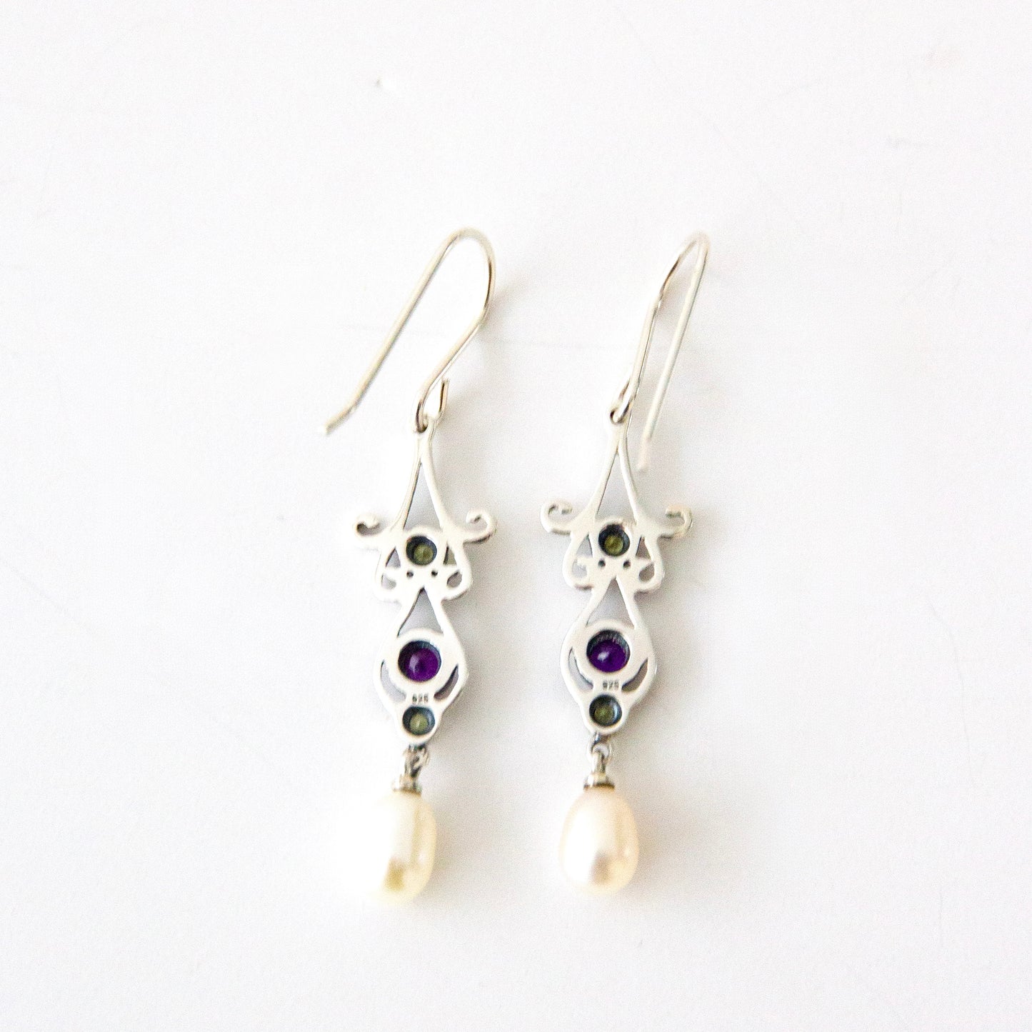 Art Nouveau style Sterling Silver Peridot Amethyst & Pearl Earrings