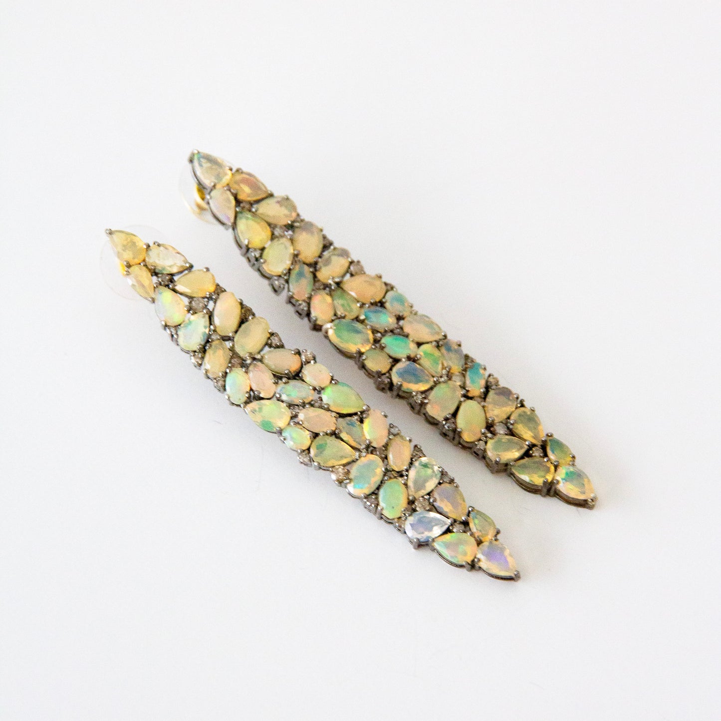 14ct & Silver Ethiopian Opal & Diamond Long Drop Earrings