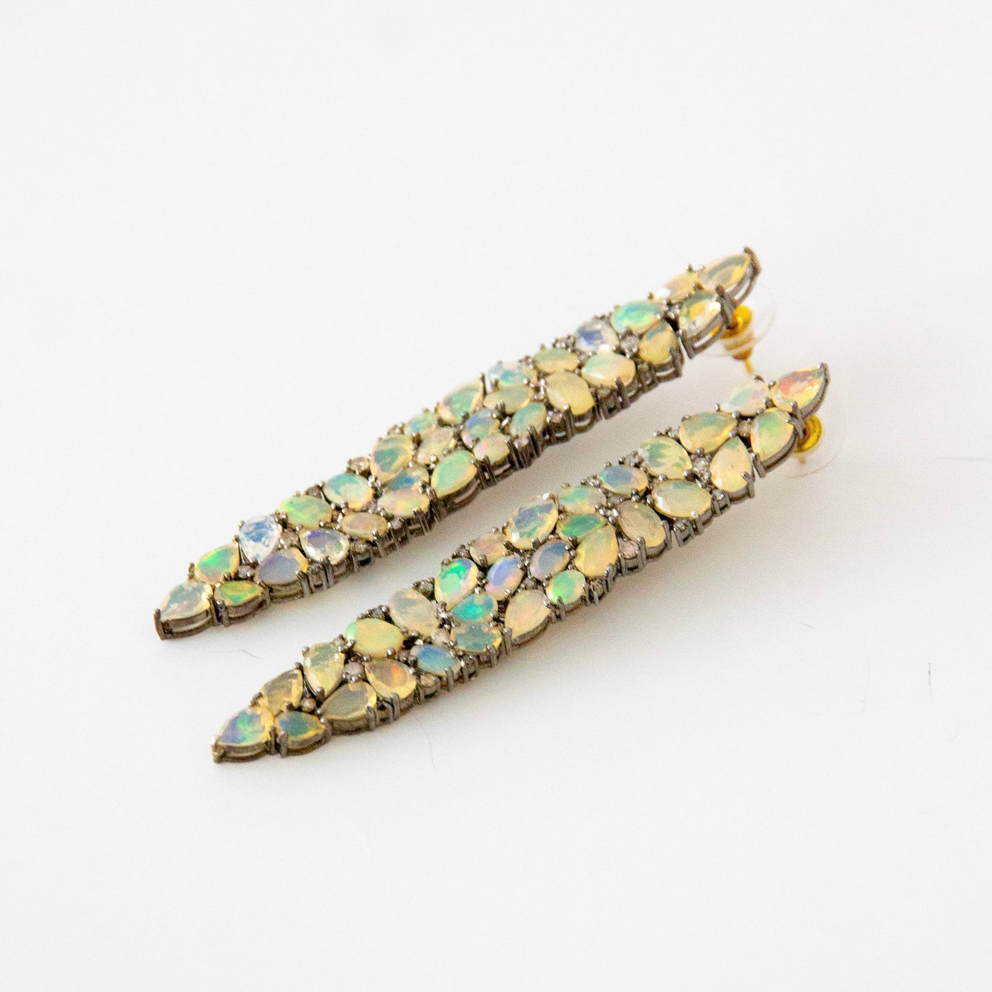 14ct & Silver Ethiopian Opal & Diamond Long Drop Earrings