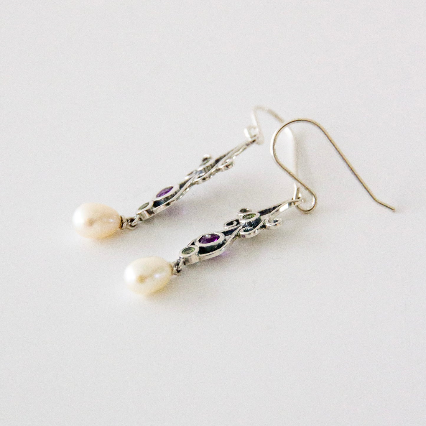 Art Nouveau style Sterling Silver Peridot Amethyst & Pearl Earrings