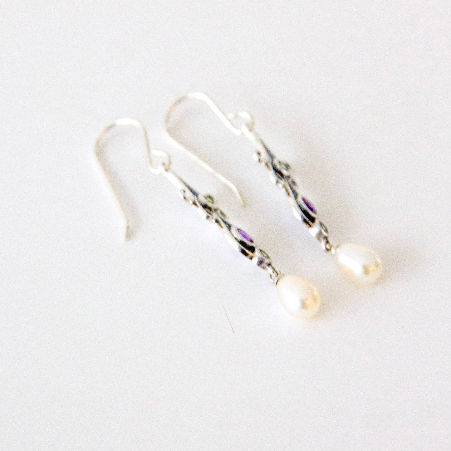 Art Nouveau style Sterling Silver Peridot Amethyst & Pearl Earrings