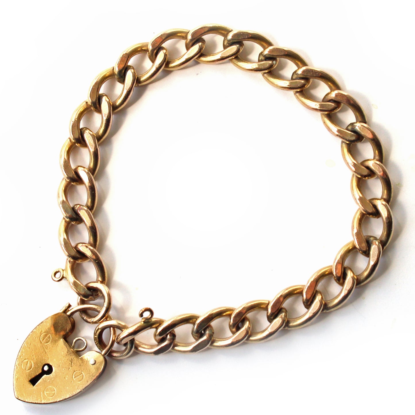 Vintage 9ct Rolled Gold Curb Chain Bracelet with Heart Padlock Catch