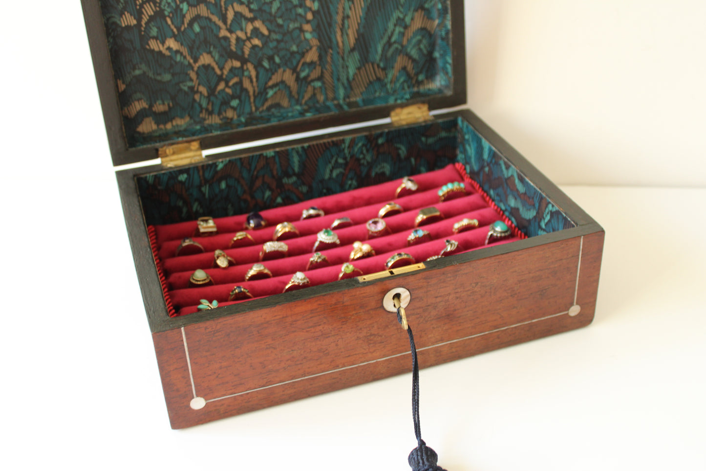 Victorian Rosewood Multi Ring Jewelery Box with Pearl Inlay