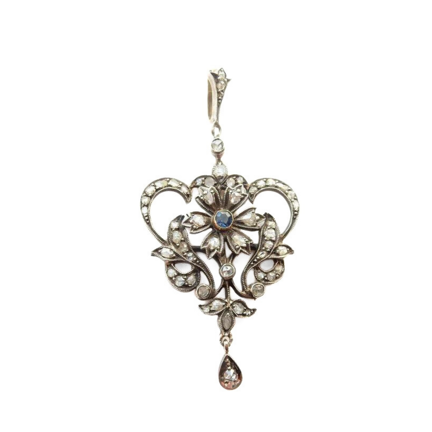 French Belle Epoch 9ct Gold & Silver Old Cut Diamond Sapphire Pendant