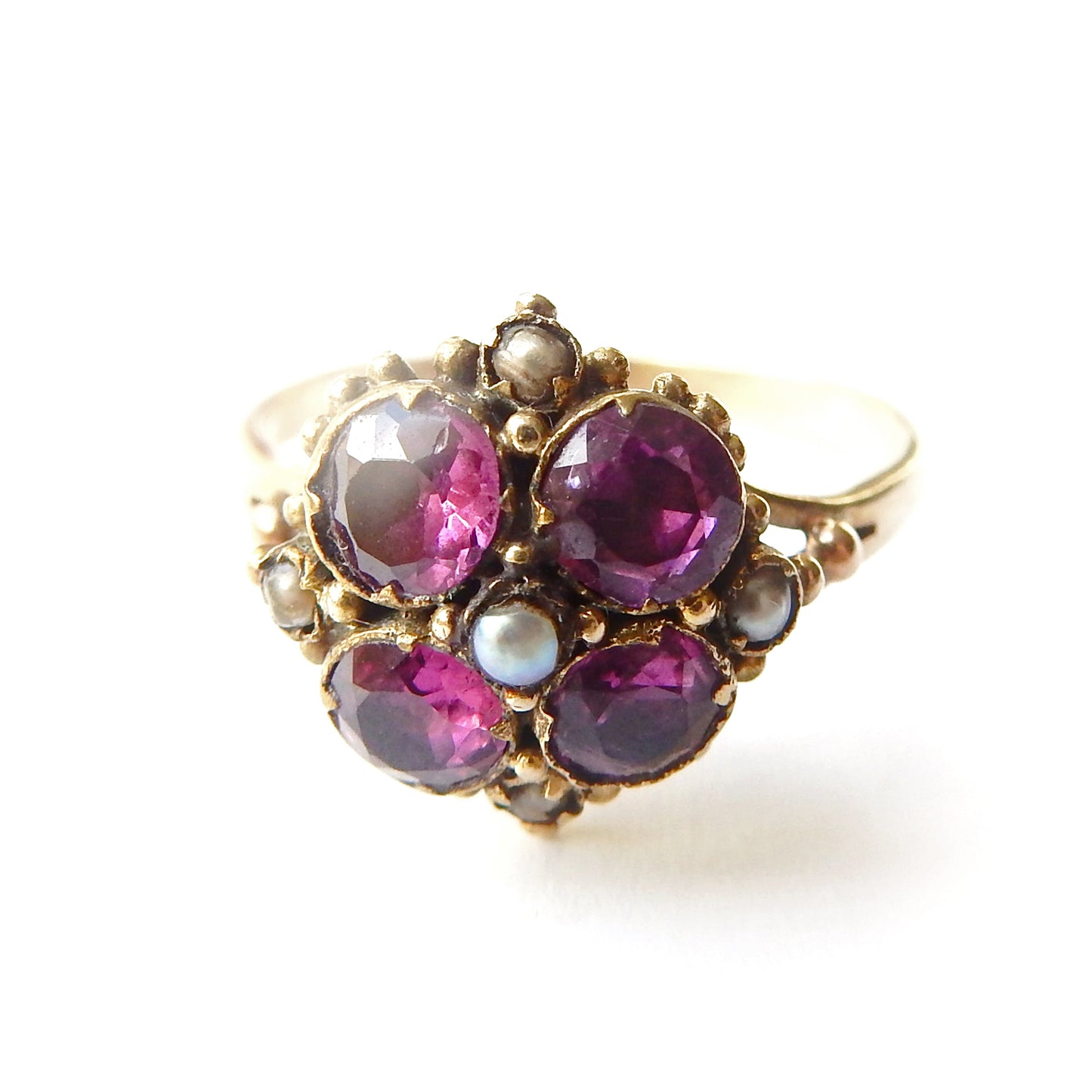 Antique 9ct Gold Almandine Garnet & Seed Pearl Petal Ring US Size 6 UK N
