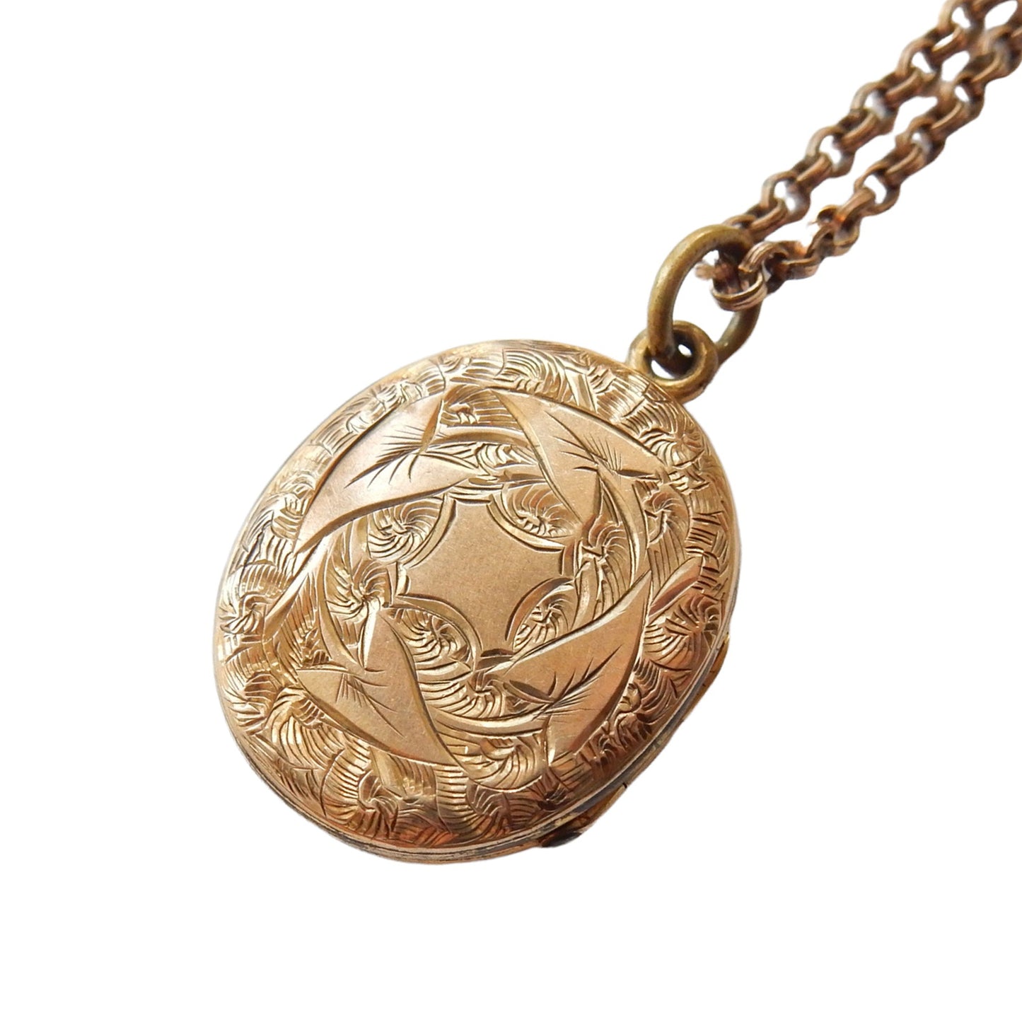 Antique Rolled Gold Engraved Ivy Leaf Locket with Antique Chain
