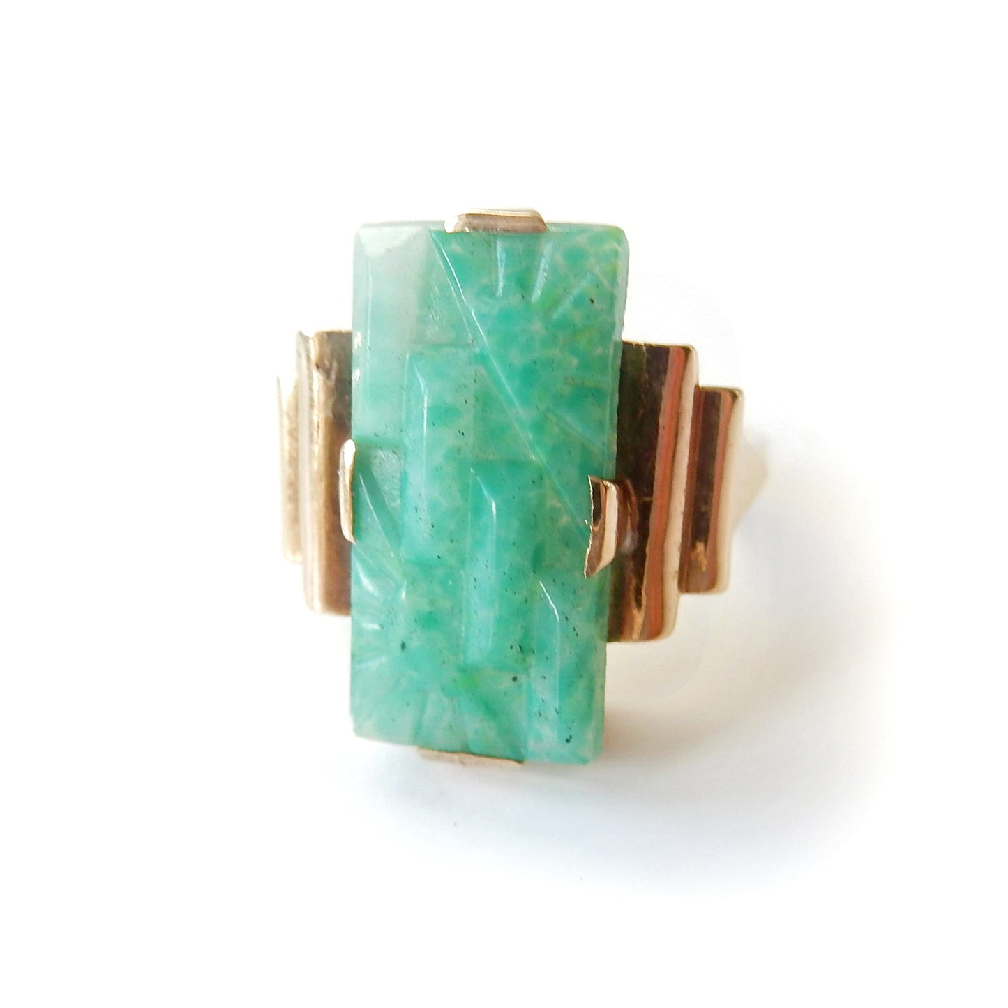 Art Deco 9ct Gold Carved Jade Ring US Size 6 UK N