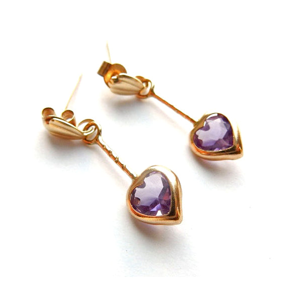 Dainty Vintage 9ct Gold Amethyst Heart Drop Earrings