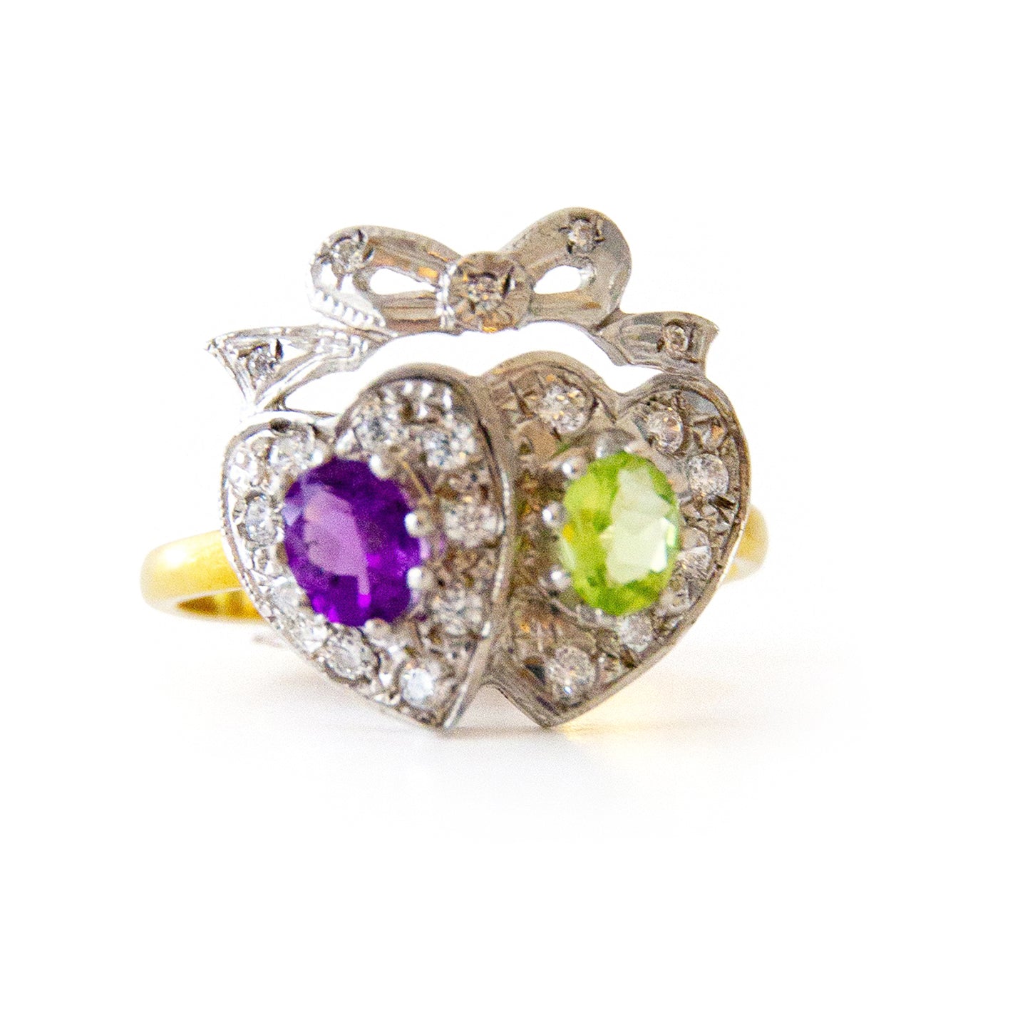 Edwardian Style Amethyst Peridot Double Heart 18ct Gold on Silver Ring