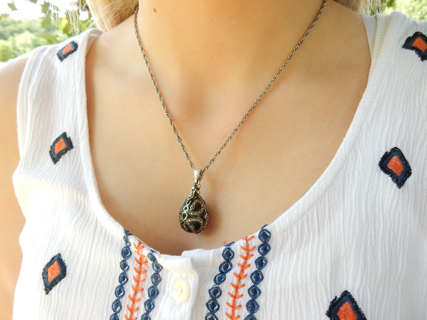 Vintage Sterling Silver Emerald Green Enamel Egg Locket Pendant