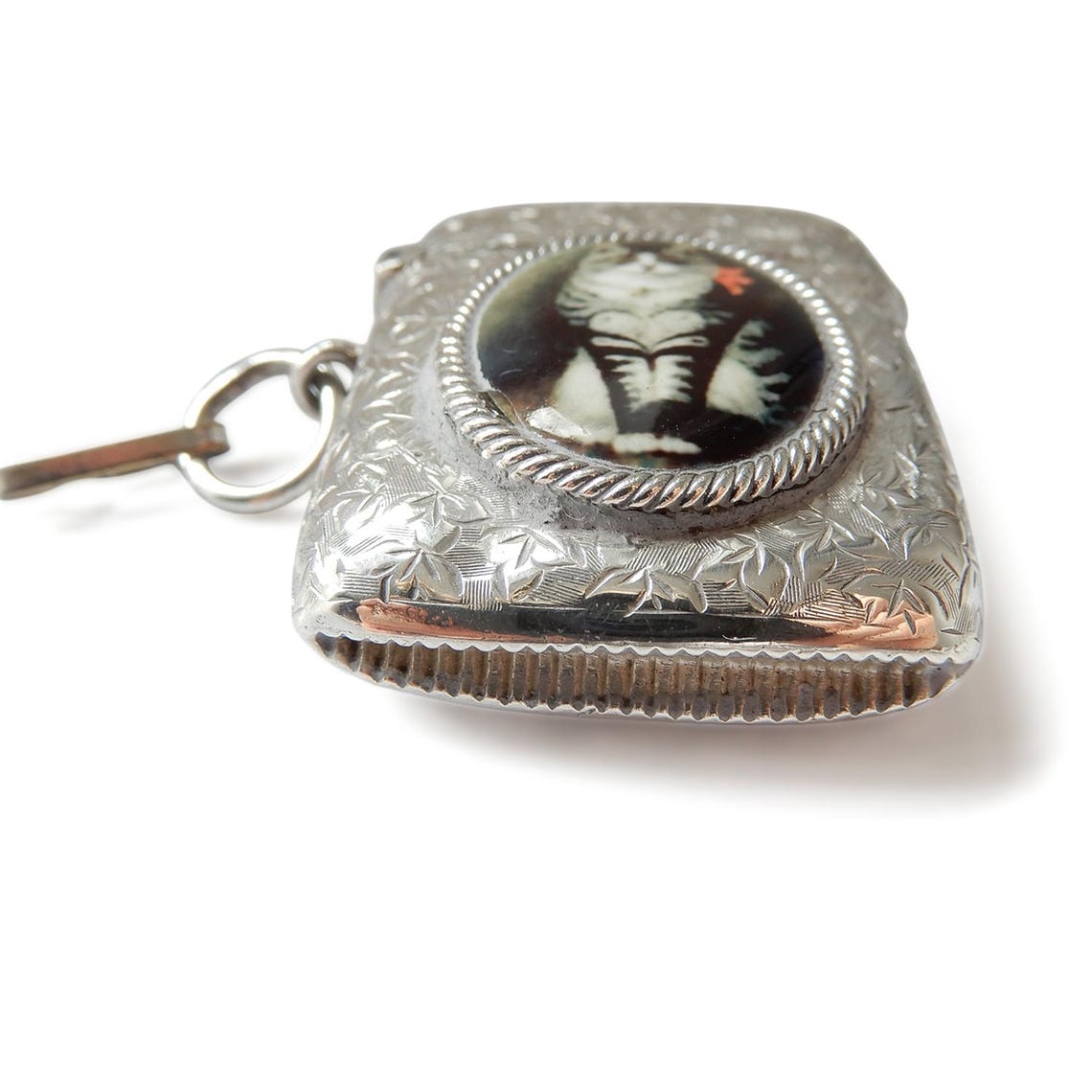 Victorian Solid Silver Enamel Tabby Cat Vesta