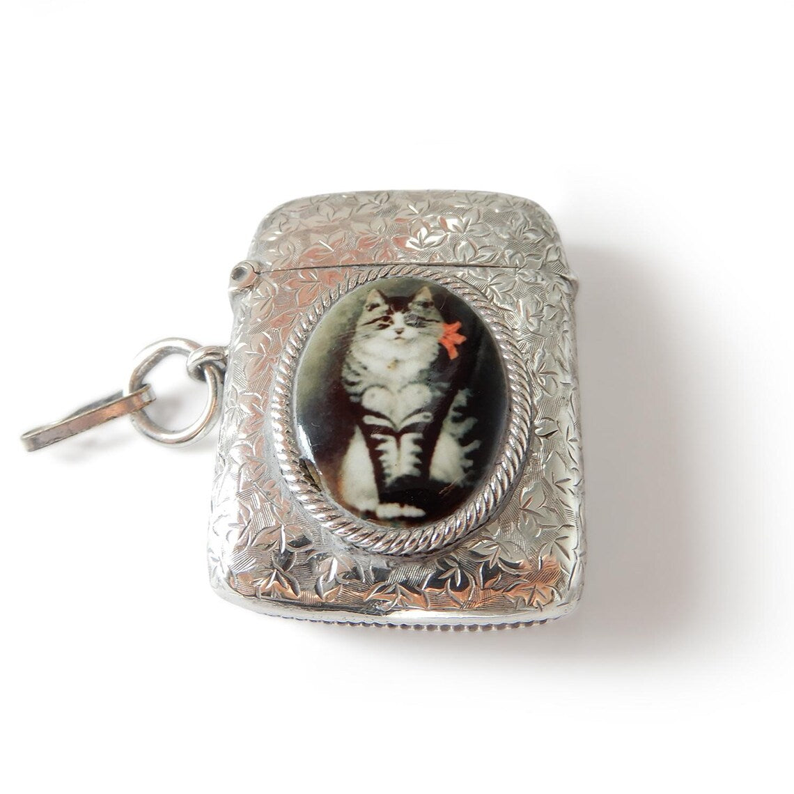 Victorian Solid Silver Enamel Tabby Cat Vesta
