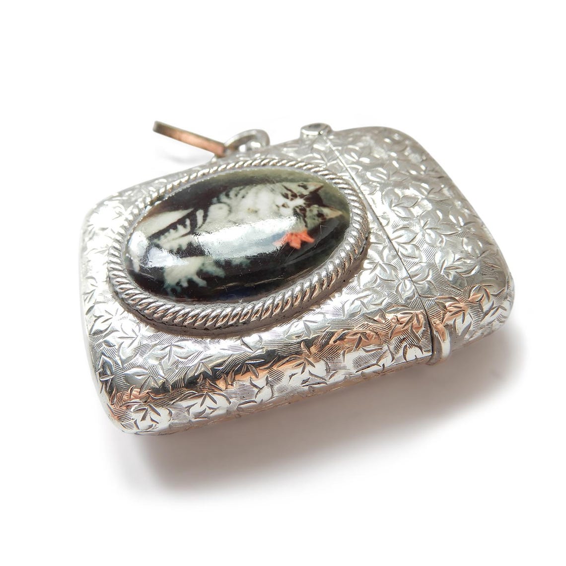 Victorian Solid Silver Enamel Tabby Cat Vesta