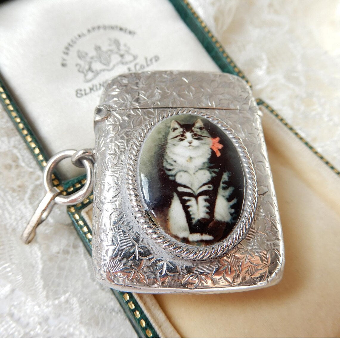 Victorian Solid Silver Enamel Tabby Cat Vesta