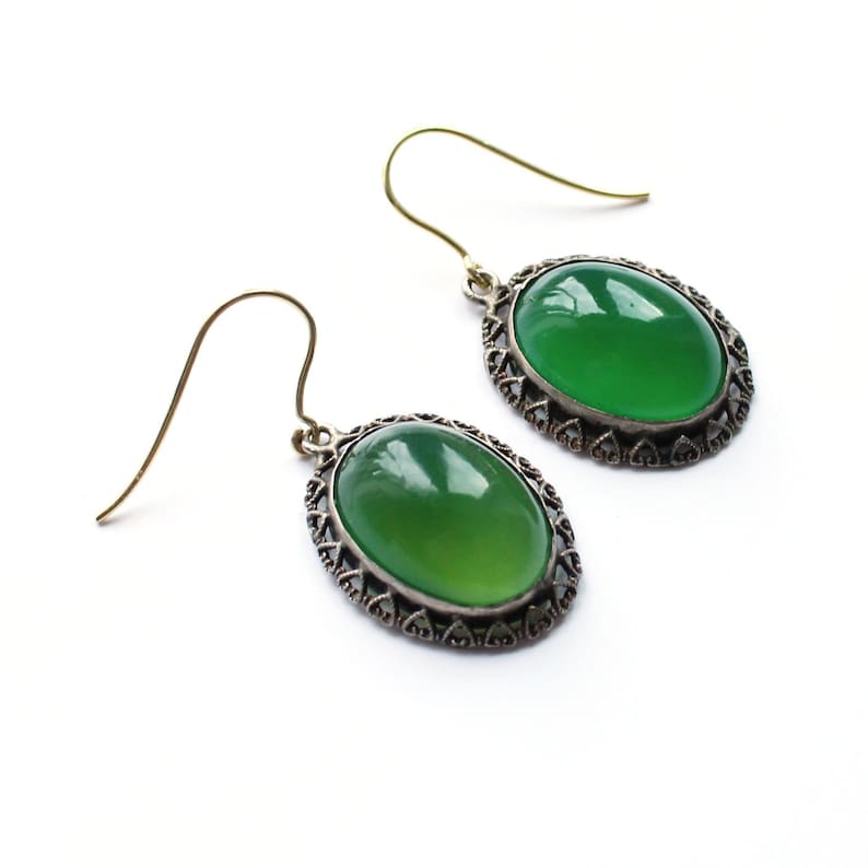 Art Deco 9ct Gold & Silver Chalcedony Earrings