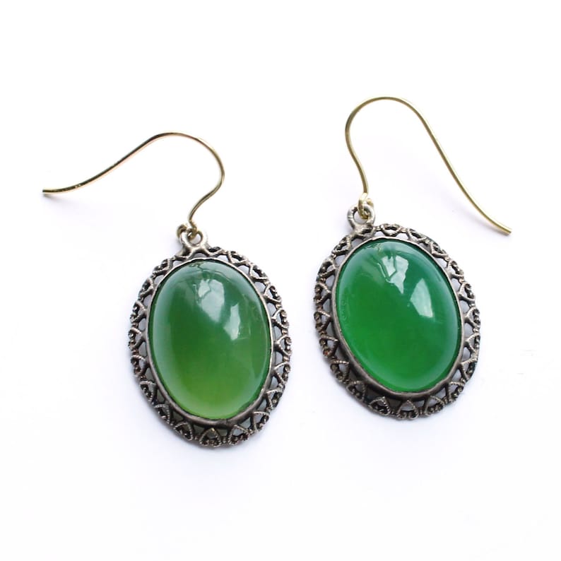 Art Deco 9ct Gold & Silver Chalcedony Earrings