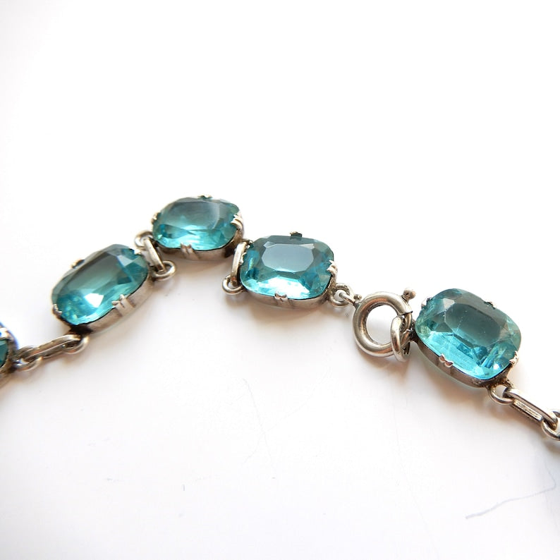 Art Deco 1930s Sterling Silver Aquamarine Paste Riviere Necklace
