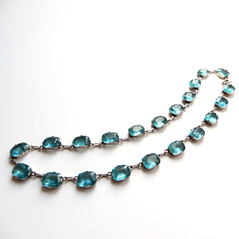 Art Deco 1930s Sterling Silver Aquamarine Paste Riviere Necklace