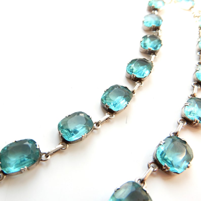 Art Deco 1930s Sterling Silver Aquamarine Paste Riviere Necklace