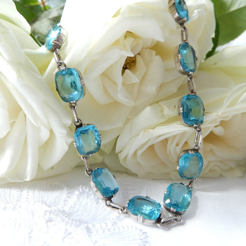 Art Deco 1930s Sterling Silver Aquamarine Paste Riviere Necklace