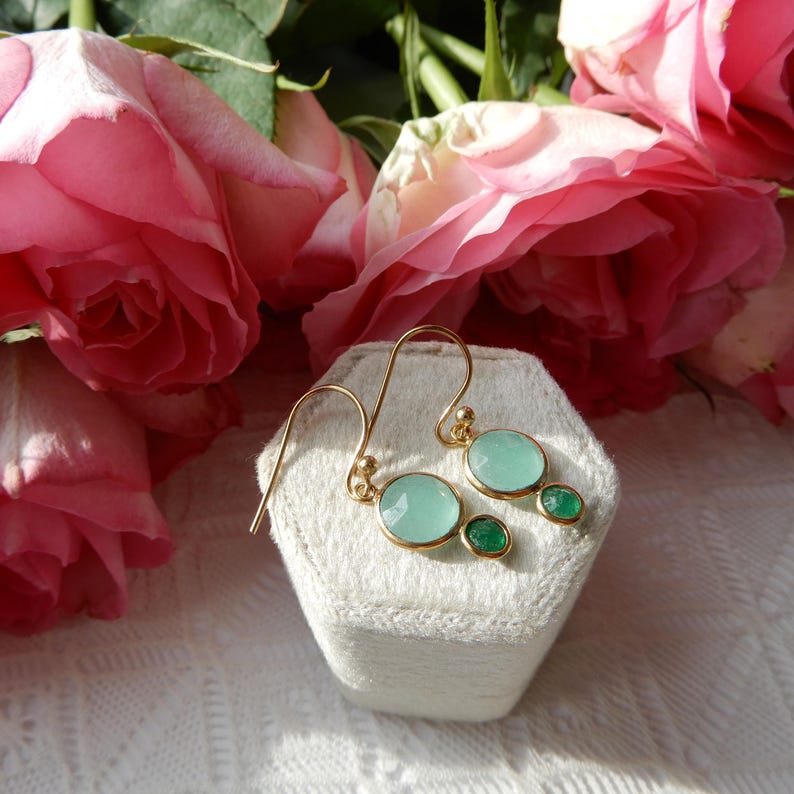 Sterling Silver Gilt Green Chalcedony Drop Earrings