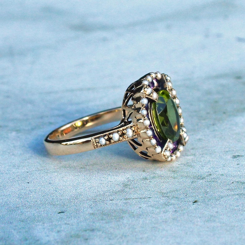 9ct Gold Peridot Amethyst Seed Pearl Ring