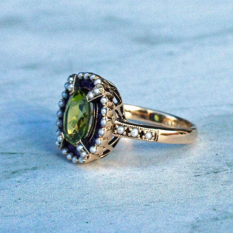 9ct Gold Peridot Amethyst Seed Pearl Ring
