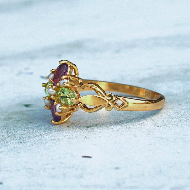 Sterling Silver Peridot Amethyst Pearl Quatrefoil Ring