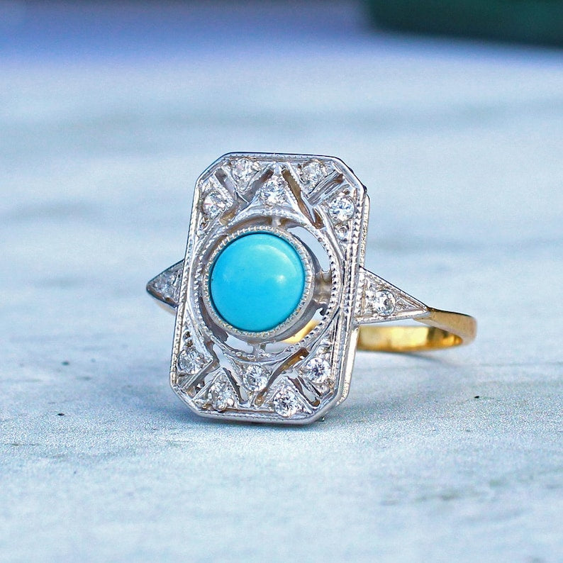 Art Deco style Solid Silver Turquoise Cabochon Panel Ring