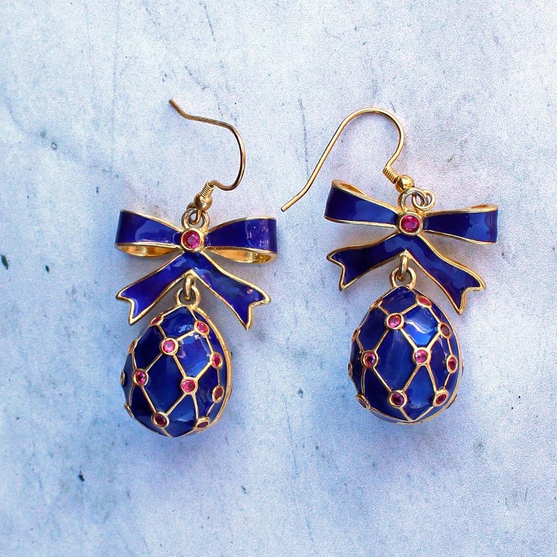 Silver Gilt Blue Enamel & Ruby Egg Earrings