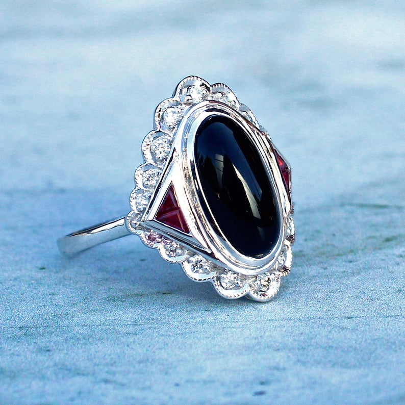 Art Deco style 9ct White Gold Onyx Ruby & Diamond Ring