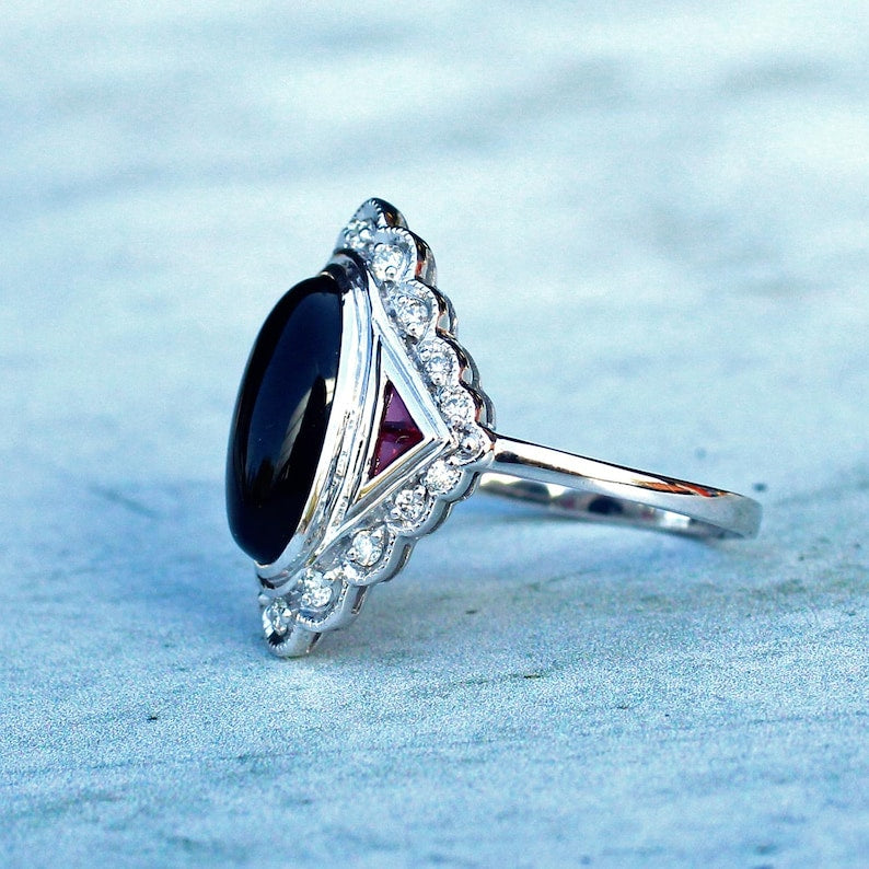 Art Deco style 9ct White Gold Onyx Ruby & Diamond Ring