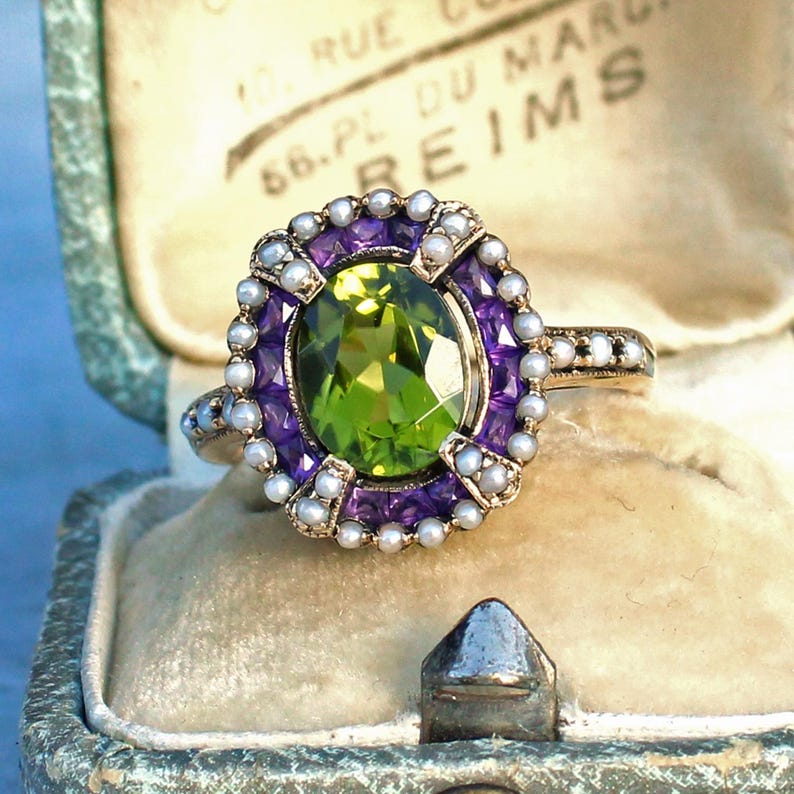 9ct Gold Peridot Amethyst Seed Pearl Ring