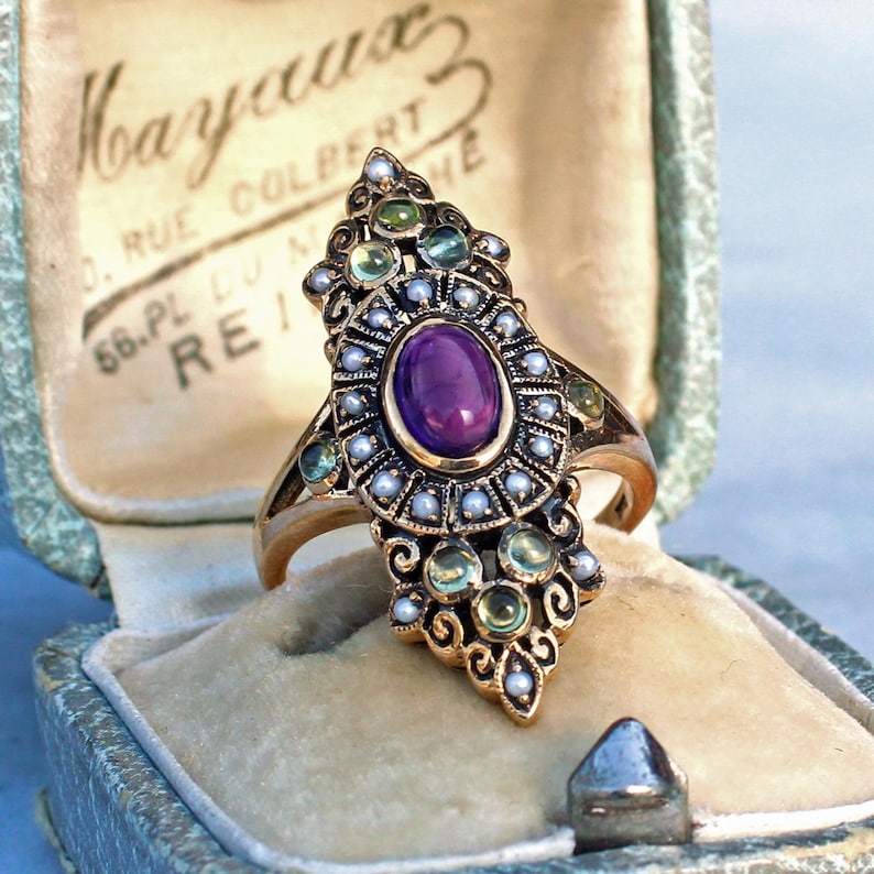 Edwardian style 9ct Gold Amethyst Peridot & Pearl Navette Ring