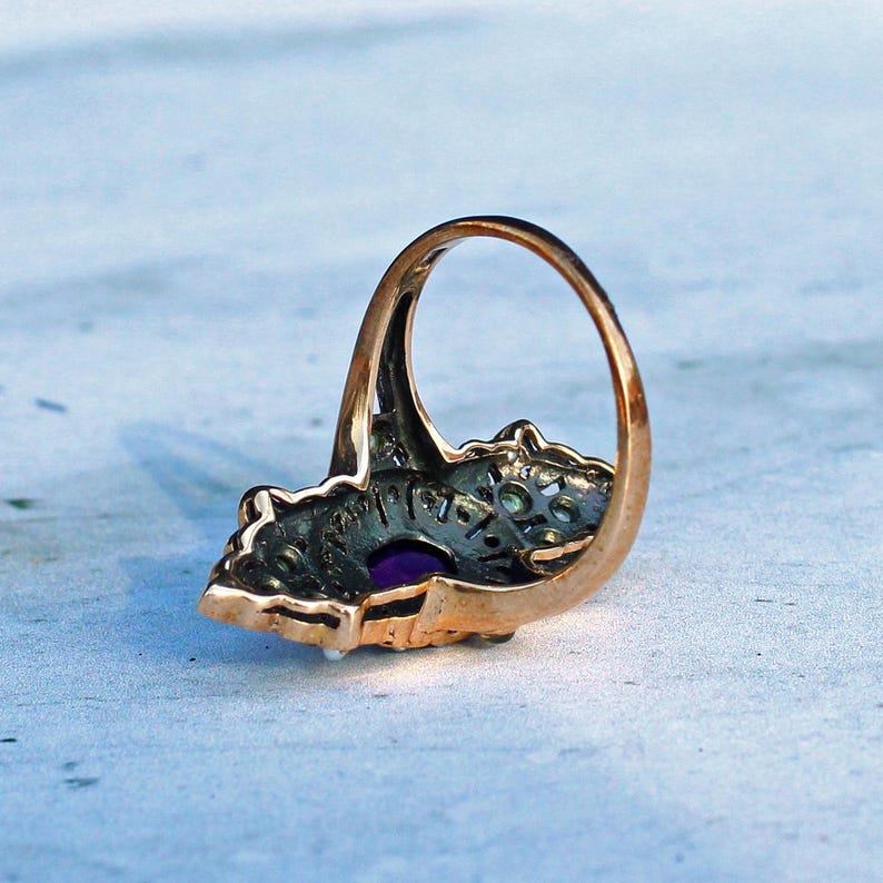 Edwardian style 9ct Gold Amethyst Peridot & Pearl Navette Ring