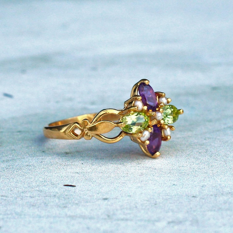 Sterling Silver Peridot Amethyst Pearl Quatrefoil Ring