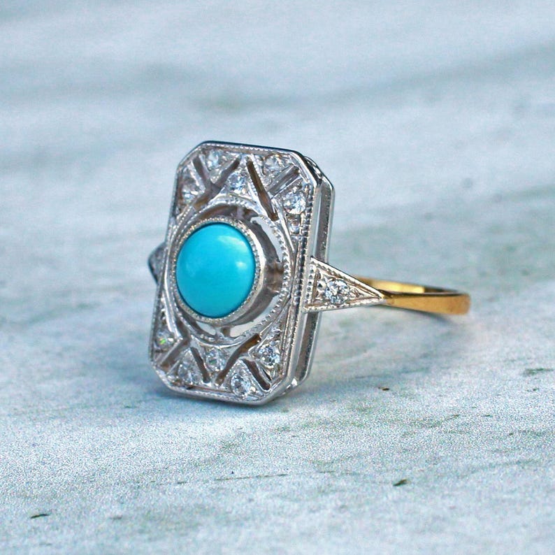 Art Deco style Solid Silver Turquoise Cabochon Panel Ring