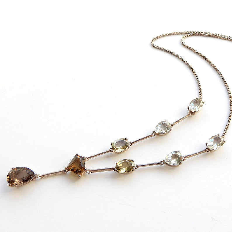 Vintage Solid Silver Citrine Aqua Smokey Quartz Gemstone Necklace