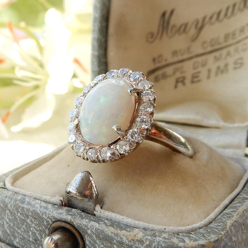 9ct Gold & Silver Opal Diamond Halo Ring