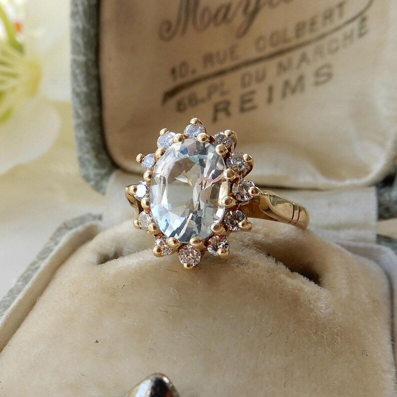 18ct Gold Aqua Diamond Halo Ring