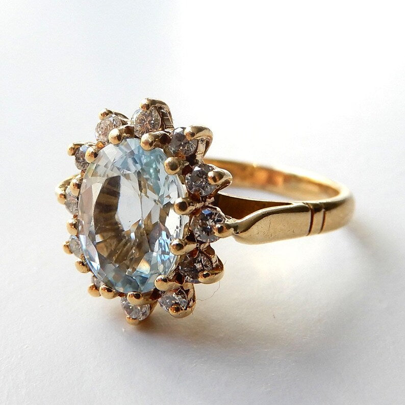 18ct Gold Aqua Diamond Halo Ring