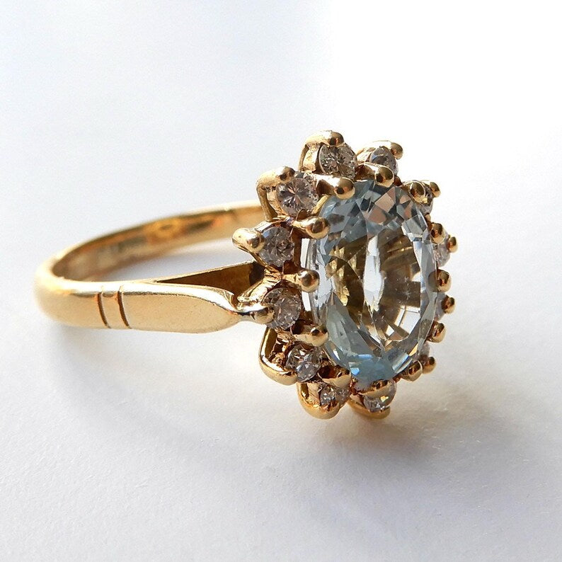 18ct Gold Aqua Diamond Halo Ring