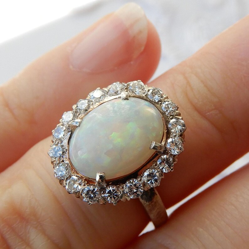 9ct Gold & Silver Opal Diamond Halo Ring