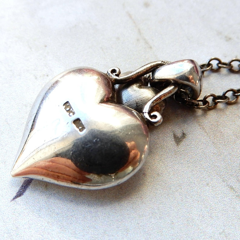 Victorian Fine Silver Diamond Heart Pendant with Chain